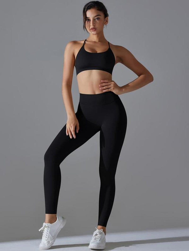 Women'S Solid Criss Cross Backless Crop Tank Top & High Waist Leggings Sportswear Set, Sporty Casual Breathable Comfortable Outfits for Yoga Gym Workout Running, Gym Outfits, Ladies Sportswear for All Seasons, Gym Clothing