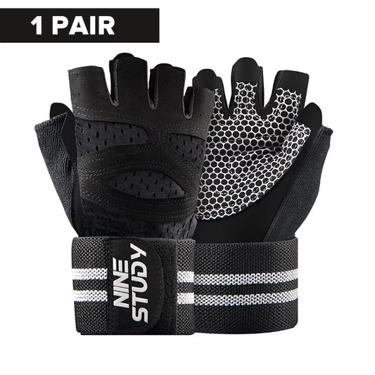 1 Pair Gym Fitness Gloves with Wristbands Straps Weight Grip Gloves Wrist Brace Protector Anti-Skid Weightlifting Pad Breathable