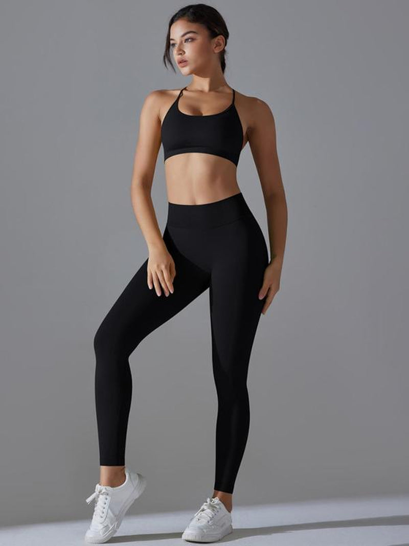 Women'S Solid Criss Cross Backless Crop Tank Top & High Waist Leggings Sportswear Set, Sporty Casual Breathable Comfortable Outfits for Yoga Gym Workout Running, Gym Outfits, Ladies Sportswear for All Seasons, Gym Clothing