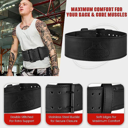 Bear Grips Leather Weightlifting Belt with Steel Buckle - 5Mm Double Prong Weight Lifting Belt - 4" Wide Home Gym Equipment Adjustable Belt for Powerlifting Squat Deadlift, XS-XL