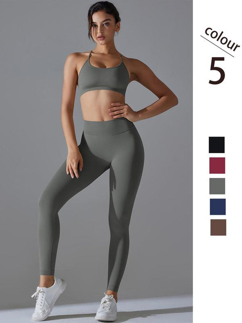 Women'S Solid Criss Cross Backless Crop Tank Top & High Waist Leggings Sportswear Set, Sporty Casual Breathable Comfortable Outfits for Yoga Gym Workout Running, Gym Outfits, Ladies Sportswear for All Seasons, Gym Clothing