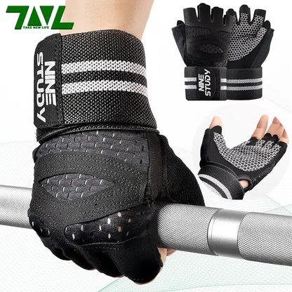 1 Pair Gym Fitness Gloves with Wristbands Straps Weight Grip Gloves Wrist Brace Protector Anti-Skid Weightlifting Pad Breathable